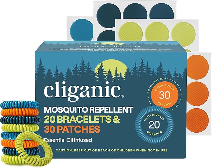 Cliganic Mosquito Repellent Bracelet Stickers Pack for Kids & Adults Multi Color, Natural DEET-Free, Essential Oil Infused 20 Bands with 30 Patches, Citronella Scent (50)-CubbioJoy