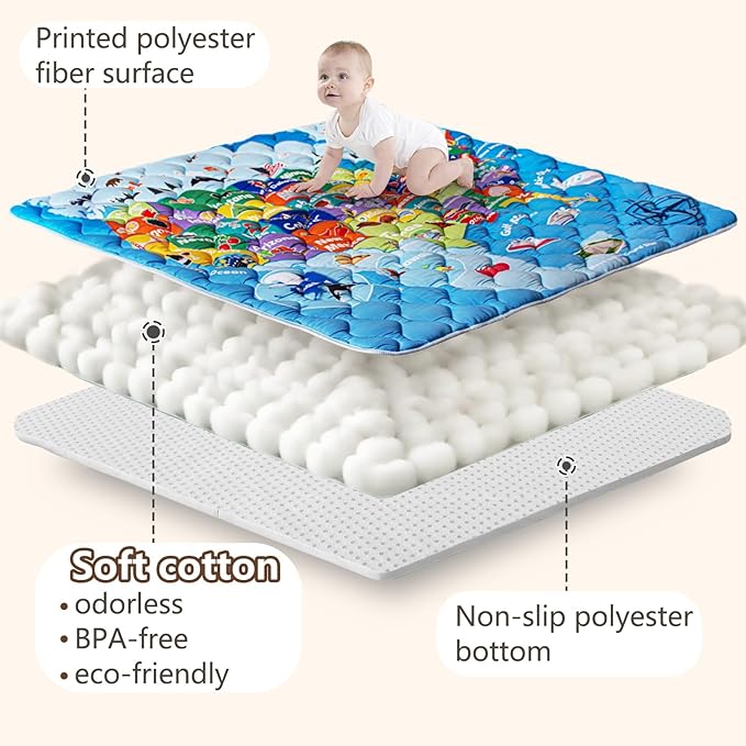 Baby Play Mat, 50x50 Playpen Mat with Super Soft Touch, Thick Activity Mat with Upgraded Anti-Slip Bottom, Machine Washable Crawling Mat for Floor & Picnic (Map)-CubbioJoy