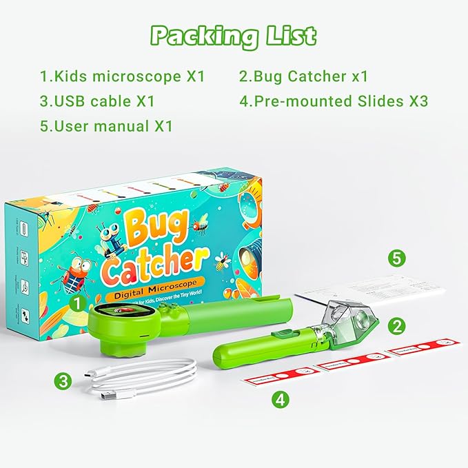 2 in 1 Kids Microscope with Bug Catcher,HD 500X Digital Microscope for Kids with 2" Screen,Photo and Video,STEM Educational Science Kit Learning Toys for Age 3-12 Girls & Boys Birthday Gifts (Green)-CubbioJoy