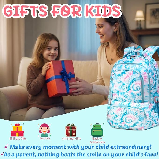 BLUEFAIRY Kids Backpack for Girls Elementary Primary Middle School Bags for Aged 8-10 for Teens Childs Bookbags Back to School Book Bags Mochilas para Niñas de 6 7 8 9 10 Años Tie-dye Blue-CubbioJoy