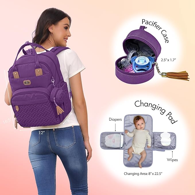 Dikaslon Diaper Bag Backpack with Portable Changing Pad, Pacifier Case and Stroller Straps, Large Unisex Baby Bags for Boys Girls, Multipurpose Travel Back Pack Moms Dads, Purple-CubbioJoy