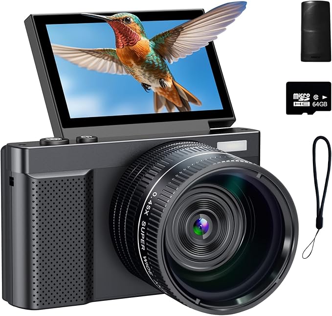 Digital Camera, 4K 64MP Cameras for Photography with 3" 180° Flip Screen,Macro and Wide-Angle Lenses,16X Vlogging Camera for YouTube with 64GB Micro SD Card for Beginner, Teens-CubbioJoy