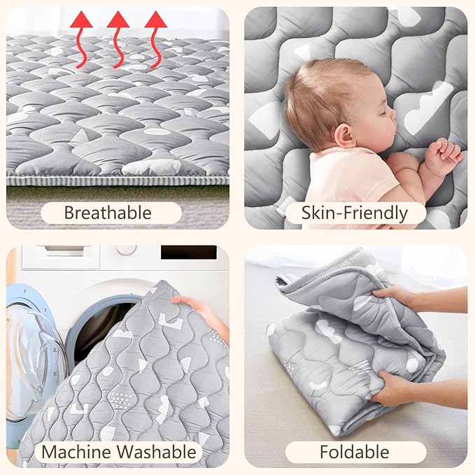 Baby Play Mats for Floor, 71”x59” Upgraded Thickness & Larger Super Soft Playmat for Babies and Toddlers, Foldable Washable, Upgrade Anti-Slip Crawling Mat for Playpen(Boho Gray)-CubbioJoy