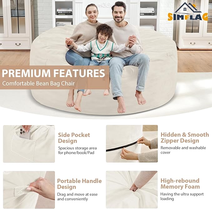 6FT Bean Bag Chair, Large Bean Bag Chairs with Memory Foam Filled, Fluffy Beanbag Sofa with Dutch Velvet Cover, Round BeanBag Chairs for Living Room, Playroom- Beige-CubbioJoy