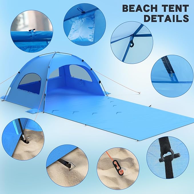 Beach Tent Sun Shelter with Extended Sand Mat 114×82inch，UPF 50+ Protection, 3 Double-Layer Windows for Enhanced Privacy; Portable Beach Shade, 3-4 People. Windproof and Waterproof-CubbioJoy