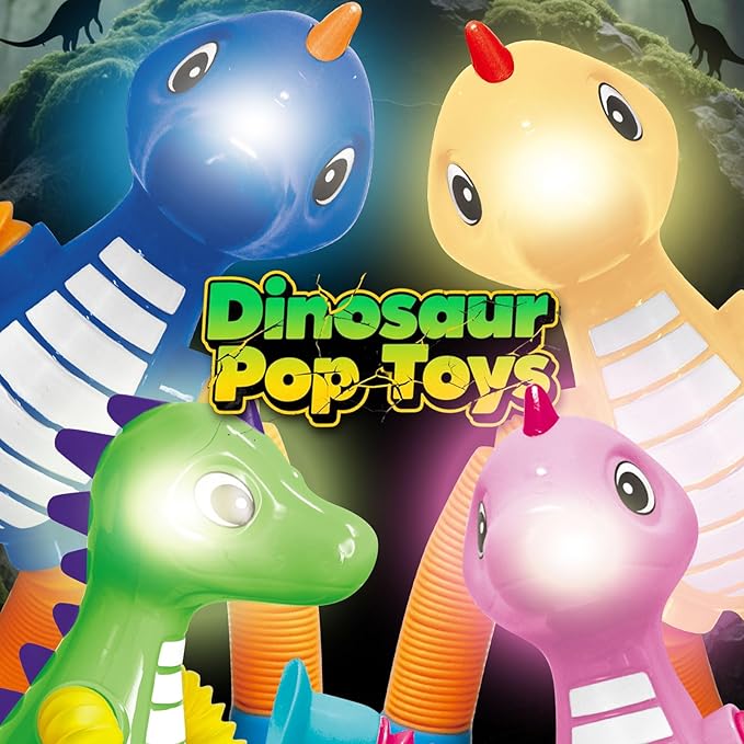 Dinosaur Pop Tubes Toys LED Light Up Mini Figures Fidget Sensory Toys Dino Telescopic Suction Cup Gift Sets, Toddler Autism Stress Relief Party Favors Prizes Stocking Stuffers for Kids 3+-CubbioJoy