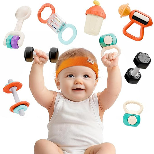 iPlay, iLearn Baby First Gym Rattle Set, Infant Dumbbell Weights Teething Rattles 3-6-12 Month, Newborn Workout Sensory Stroller Toy, Babies Birthday Shower Gift 5 7 8 9 10 Month Toddler Boy Girl-7PCS-CubbioJoy