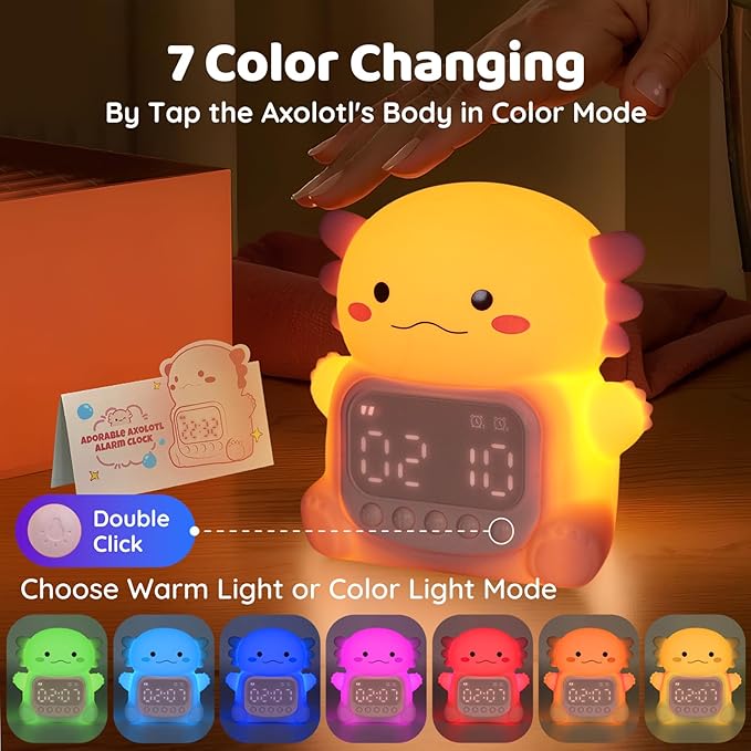 Axolotl Alarm Clock with Night Light for Kids, Rechargeable Silicone Lamp Time to Wake Clock，Cute Animal Tabletop Lamp, Perfect Sleep Companion for Boys Girls-CubbioJoy