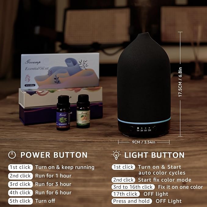 200ML Ceramic Essential Oil Diffuser - Ultrasonic Aromatherapy & Humidifier with 7-Color LED Lights, Auto Shut-Off, Black, 1H/3H/6H Timer | Scent for Home, Office, Yoga-CubbioJoy