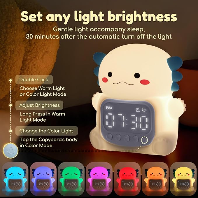 Axolotl Alarm Clock with Night Light for Kids, 7 RGB Color Cute Alarm Clocks for Bedrooms Ok to Wake Clocks, Silicone Animal Tabletop Lamp for Teen Girls Boys, White-CubbioJoy