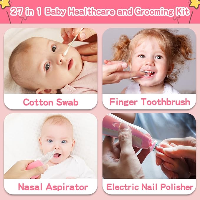 Infant Grooming Essentials: Electric Safety Nail Trimmer, Nasal Aspirator, Hair Brush, Comb, Nail Clipper (27 Piece Safety Care Set for Newborns - Pink)-CubbioJoy