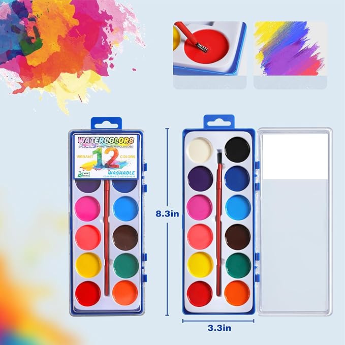 24 Packs Watercolor Paint Set Bulk, 12 Vibrant Colors Washable Watercolors with Brushes for Kids, Art Activities Painting Supplies for School Classroom Home-CubbioJoy