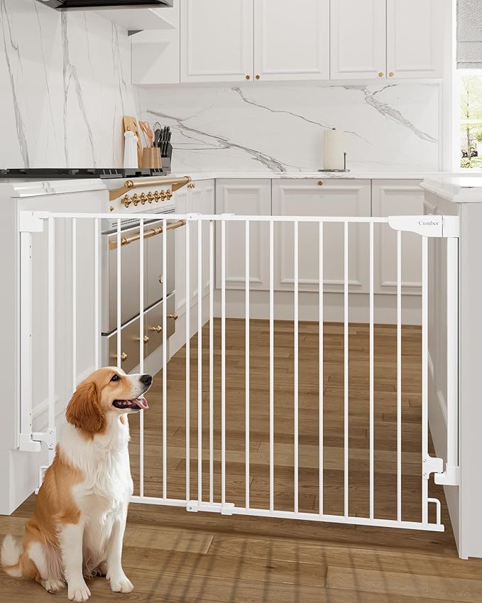 Cumbor 34" Extra Tall No Bottom Bar Baby Gate for Stairs, Auto Close Dog Gate Indoor for Larger Pets, 31.6-48" Hardware Mounted Safety Gate for Doorways, Wide Walk Thru Door for Easy Access (White)-CubbioJoy