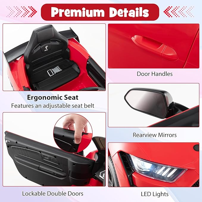 Costzon Ride on Car, 12V Licensed Ford Mustang Shelby GT500 Kids' Electric Vehicles w/Remote Control, USB Port, Radio, Music, Player, High Low Speed & Soft Start, Racing Kids Car for Toddlers (Red)-CubbioJoy