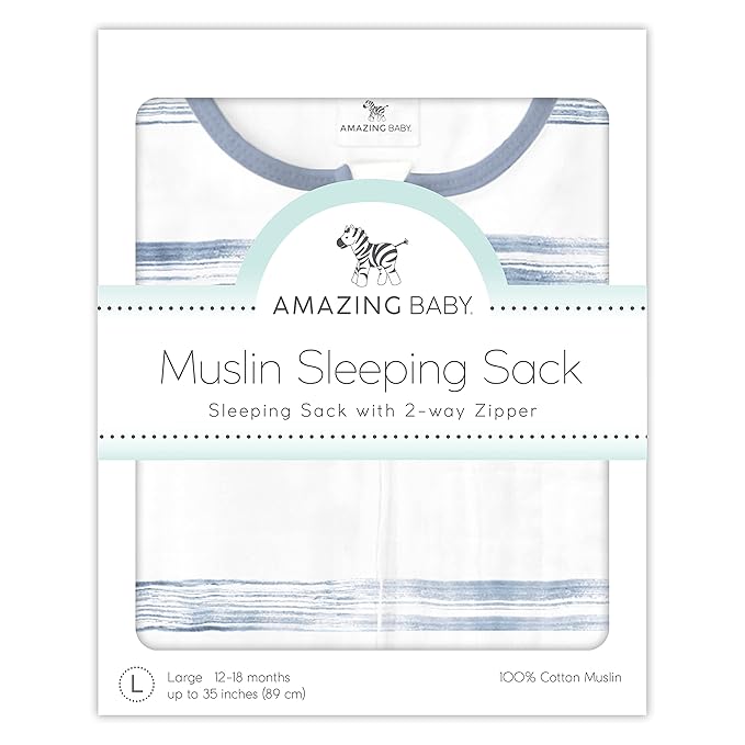 Amazing Baby Cotton Muslin Sleeping Sack, for Baby Boy or Girl, Wearable Blanket with 2-Way Zipper, Watercolor Stripes, Denim, Large (12-18 Month)-CubbioJoy