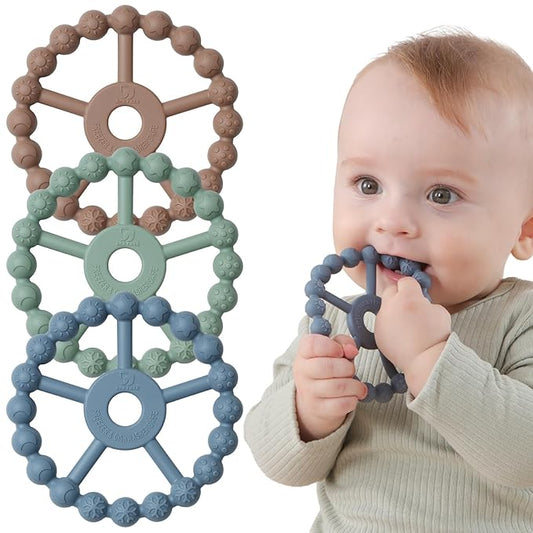 3 Pack Ring Teether Baby Infant Toys, Baby Essentials, Silicone Teething Ring Toys for Babies 0-6 Months, Seposeve Toddler Teethers 6-12 Months 12-24 Months, Infant Teething Relief, Brown Green Blue-CubbioJoy