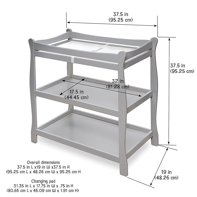 Badger Basket Sleigh Style Baby Changing Table - Nursery Diaper Station with Safety Rails, Foam Pad, and Two Storage Shelves - Nursery Organizer - Gray-CubbioJoy