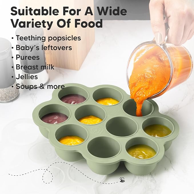 KeaBabies Silicone Food Freezer Trays with Lid, 2oz x 10 Pods Baby Food Storage Containers, Easy Puree Meal Prep, Breast Milk Silicone Freezer Molds, Dishwasher, Microwave Safe, BPA-Free (Sage)-CubbioJoy