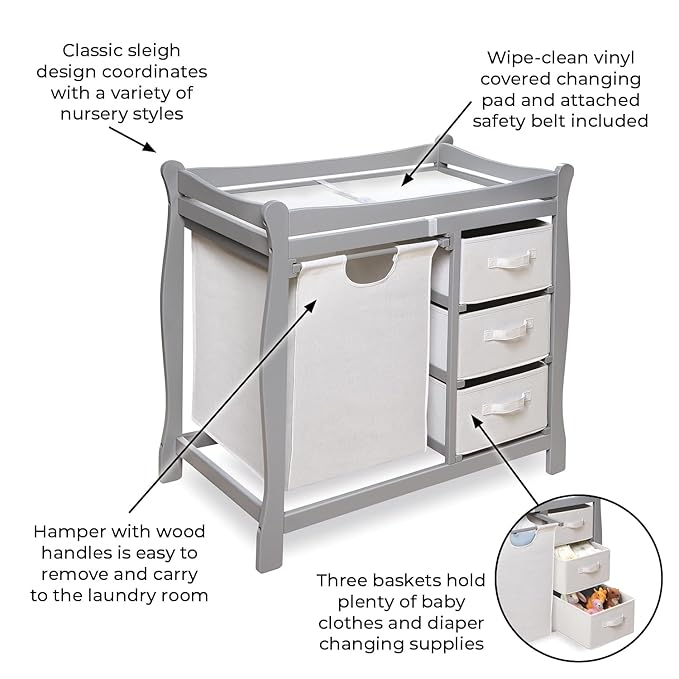 Badger Basket Sleigh-Style Baby Changing Table - Diaper Changing Station with 3 Storage Baskets - Nursery Organizer with Hamper, Changing Pad, Safety Rails - Gray-CubbioJoy