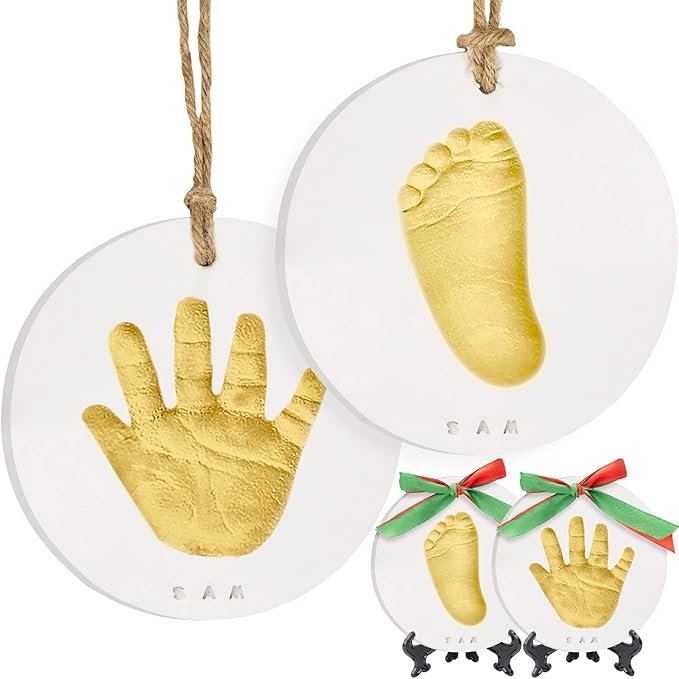 Baby Hand and Footprint Kit Girls, Boys - Personalized Baby Footprint Ornament Kit, Newborn Keepsake Gifts for New Mom, Easy to Use Handprint Makers, Cute Shower Gifts (Gold Paint, Cherish)-CubbioJoy