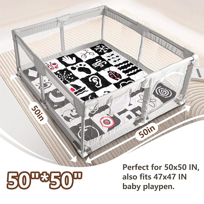 Baby Play Mats for Floor, Upgraded Thick Soft 50x50 Playpen Mat, Anti-Slip Bottom, Foldable and Machine Washable Playmat for Babies and Toddlers Infants(High Contrast)-CubbioJoy