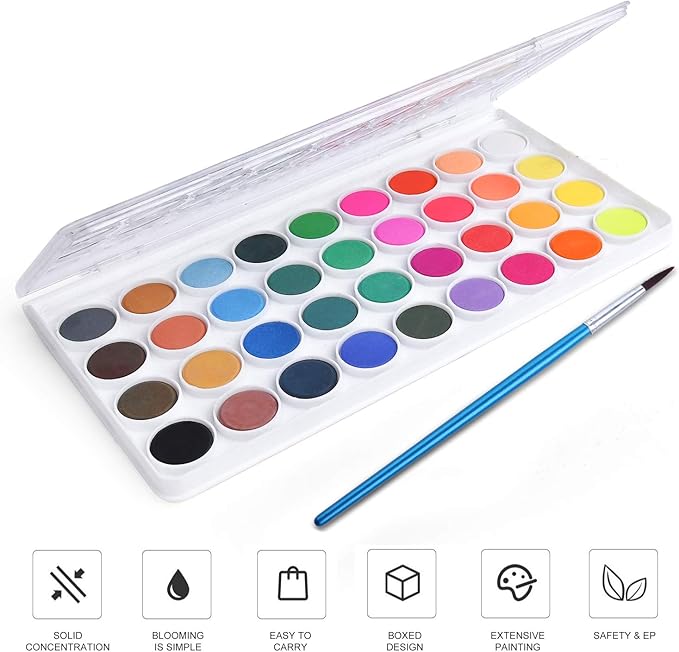 AROIC Watercolor Paint Set, 36-Color Watercolor Paint with 10 Brushes, Non-Toxic Washable Watercolors for Kids & Adults, Art Supplies for Painting, Drawing, DIY Crafts, School, Classroom, Artist Use-CubbioJoy