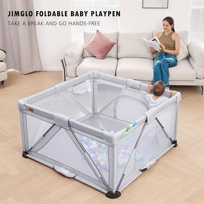 Baby Playpen Foldable, Playard for Babies and Toddlers, Portable Playpen Activity Center with 50 Balls+2 Handles for Travel, Indoor & Outdoor Play Pen with Mesh 50''x50''-CubbioJoy