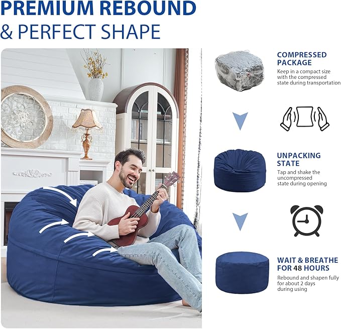 5FT Bean Bag Chair, Large Bean Bag Chairs with Memory Foam Filled, Fluffy Beanbag Sofa with Dutch Velvet Cover, Round BeanBag Chairs for Living Room, Playroom - Blue-CubbioJoy