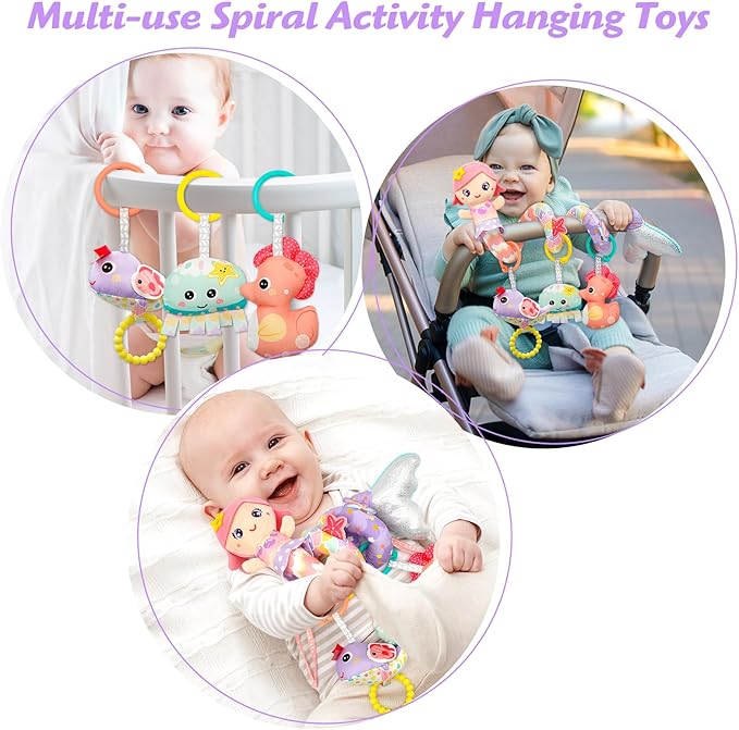 Car Seat Toys for Babies 0-6 Months Boy Girl Carseat Toys Hanging Spiral Stroller Toy, Infant Toy 0-6 Months Baby Newborn 0 3 Month Brain Development with Music Teether Rattle-CubbioJoy