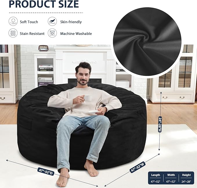5FT Bean Bag Chair, Large Bean Bag Chairs with Memory Foam Filled, Fluffy Beanbag Sofa with Dutch Velvet Cover, Round BeanBag Chairs for Living Room, Playroom - Black-CubbioJoy
