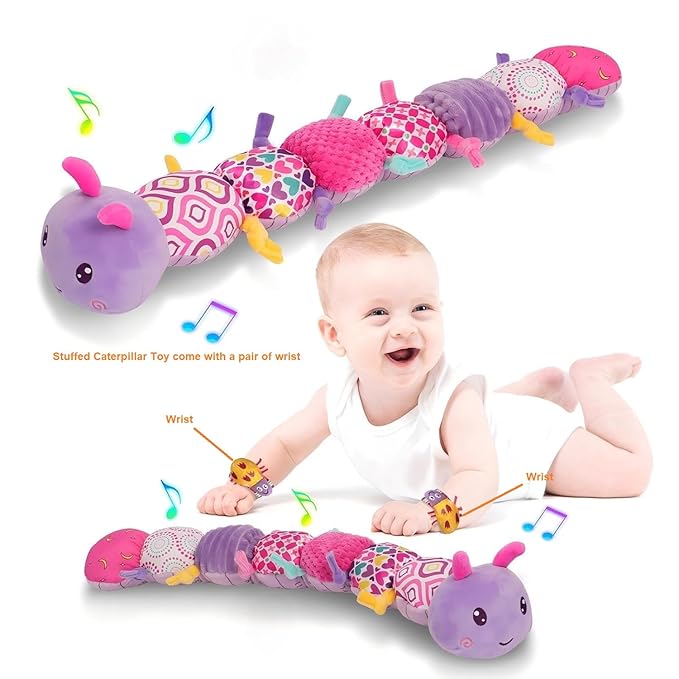 Baby Girls Toys 0-6 Month Baby Stuffed Animal Toys for 0-6 6-12 Months & A Pair of Wrist | Baby Musical Caterpillar Tummy Time Toy | Newborn Infant Sensory Toy for 1 2 Years Old Boys Girls.-CubbioJoy