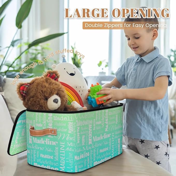 Custom Storage Basket with Name, Personalized Storage Bins with Zipper Lid, Foldable Fabric Storage Box Large capacity with Handle Green Blue-CubbioJoy