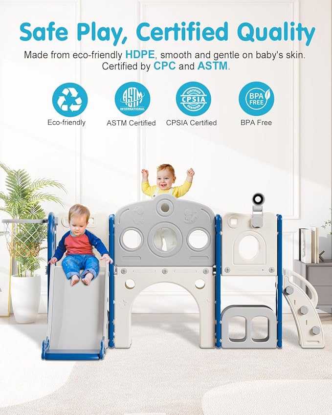 Babytronic Toddler Slide Set, 8 in 1 Kids Slide, Indoor Outdoor Slide for Toddlers Age 1-3, Toddler Playset with Basketball Hoop and Tunnel, Toddler Indoor Outdoor Playground, Blue&Grey-CubbioJoy