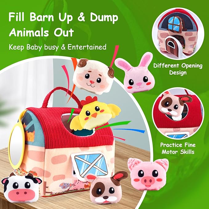 Baby Toys 6-12 Months, Soft Barn Toy with 6 Stuffed Farm Animals, Rattle, Crinkle, Mirror, Sensory Toys for Toddlers 1-3, 6 7 8 9 10 Month Old Baby Toys, Montessori Toys Gift for 1 Year Old Boy Girl-CubbioJoy