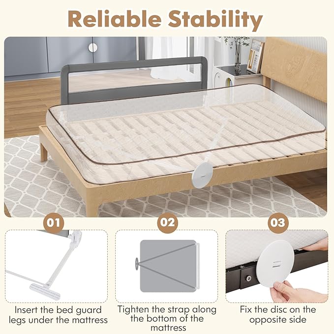 BABY JOY Bed Rails for Toddlers, 59‘’ Extra Long, Upgraded Swing Down Bed Guard w/Safety Straps, Folding Baby Bedrail for Kids Twin, Double, Full Size Queen & King Mattress (Gray, 59-Inch)-CubbioJoy