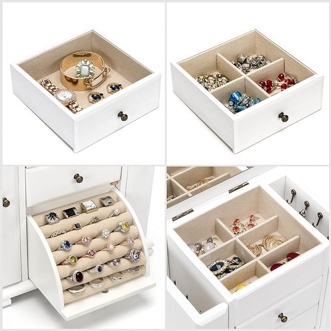 Jewelry Box for Women, Rustic Wooden Jewelry Boxes & Organizers with Mirror, 4 Layer Jewelry Organizer Box Display for Rings Earrings Necklaces Bracelets (Weathered White)-CubbioJoy
