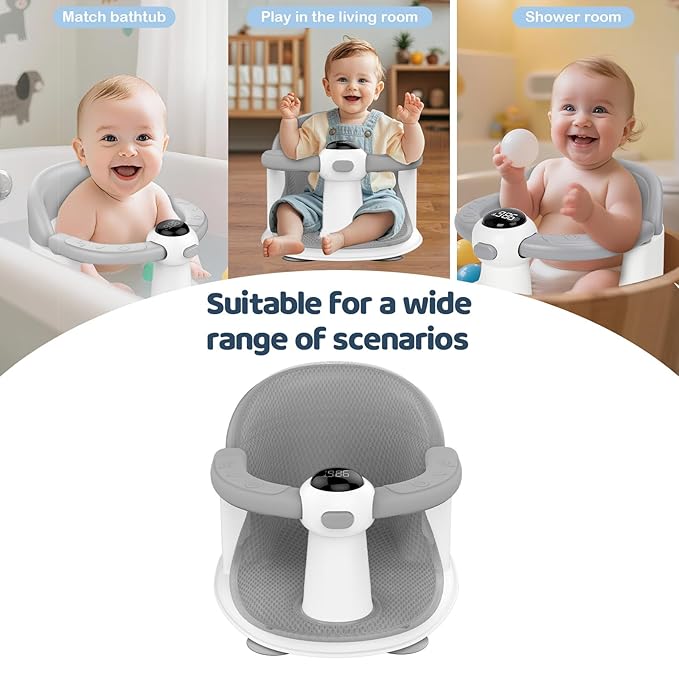 Baby Bath Seat-for Babies 6 Months & up, Water Temperature Display+Soft Cushion, Non-Slip Toddler Bath Seat for Baby, Sit Up Bath Seat for Baby, Grey-CubbioJoy