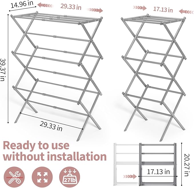APEXCHASER Clothes Drying Rack, 3-Tier Laundry Drying Rack for Clothes, Expandable Metal Clothing Dryer, Collapsible Towel Rack, Air Drying Rack, Grey-CubbioJoy