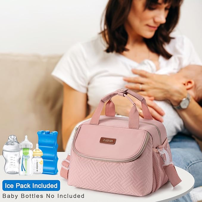 Breastmilk Cooler Bag with Ice Pack Fits 6 Baby Bottles up to 9 Ounce, Wearable Breast Pumps Cooler Bag for Nursing Mom Daycare, Work, Travel- Pink-CubbioJoy