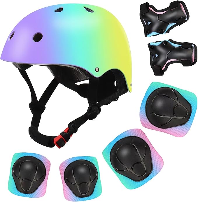 Color Gradient Adjustable Kids' Helmet with Knee & Elbow Pads Set | Multi-Sport Safety Gear for Boys & Girls Ages 5-14 | Skateboarding, Scooters, Roller & Inline Skating, Longboarding-CubbioJoy