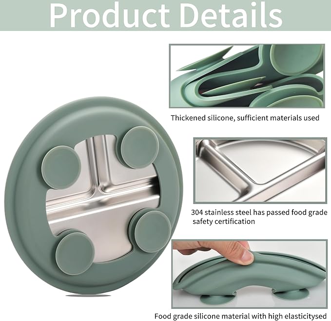 3Pack Sainless Steel Kids Plates with Suction, 8.1” Divided Toddler Baby Plates with Removable Silicone Sleeves BPA Free Non-Slip 2-in-1 Anti Breakage Metal Toddler Bowls-CubbioJoy