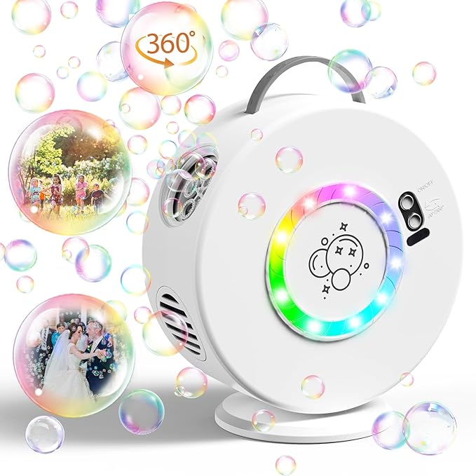 Bubble Machine Automatic LED Lights Bubble Blower for Kids Rechargeable Portable Bubble Maker Auto Rotating 90°/360° Outdoor Birthday Party Wedding (Led White)-CubbioJoy