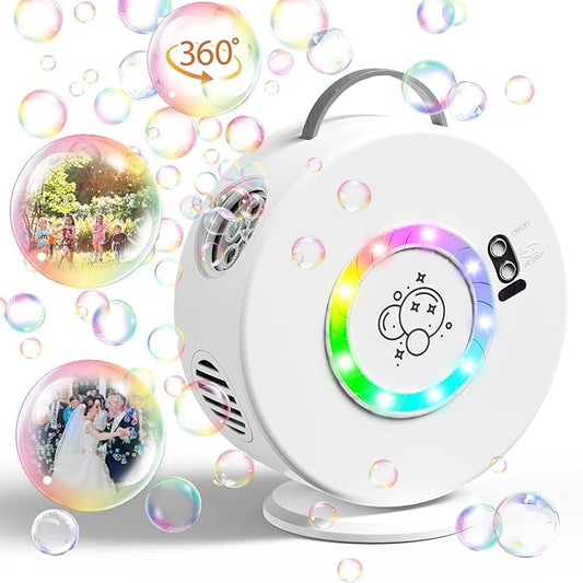 Bubble Machine Automatic LED Lights Bubble Blower for Kids Rechargeable Portable Bubble Maker Auto Rotating 90°/360° Outdoor Birthday Party Wedding (Led White)-CubbioJoy