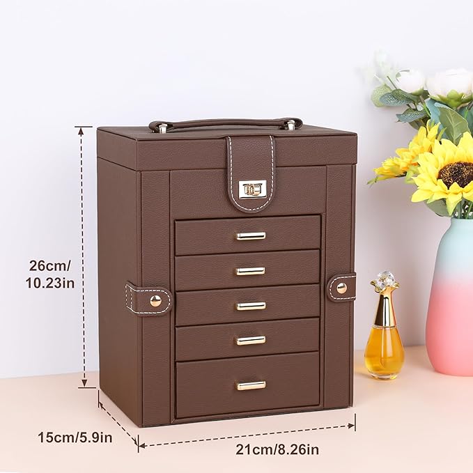 Kendal Jewelry Box, 6-Layer Jewelry Storage Organizer for Necklace Bracelet Rings Watch, 10.2"x8.2"x6" Classic Brown PU Leather 5 Drawers Large Storage Capacity with Mirror-CubbioJoy