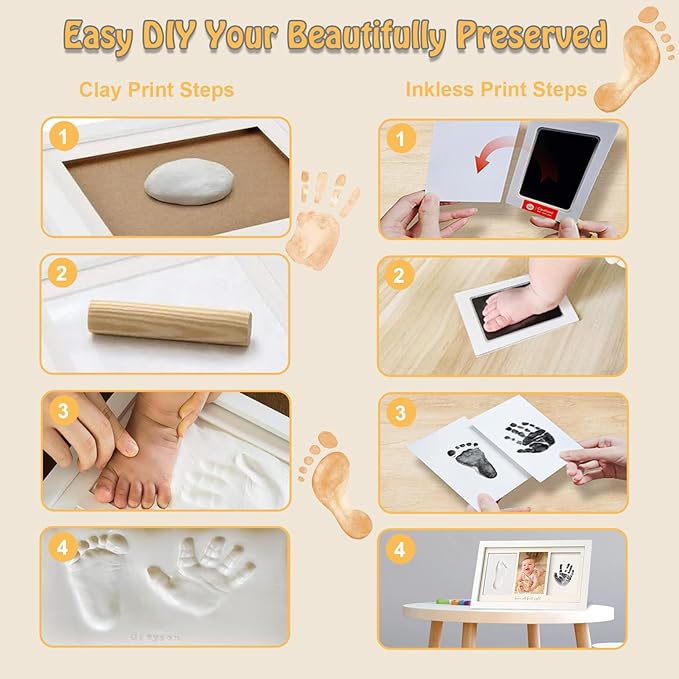 Baby Hand and Footprint Kit Keepsake Nursery Decor Picture Frame for New Mom Baby Boys Girls Shower Gifts Personalized Inkless & Clay Handprint Newborn Essentials Must Haves (White)-CubbioJoy