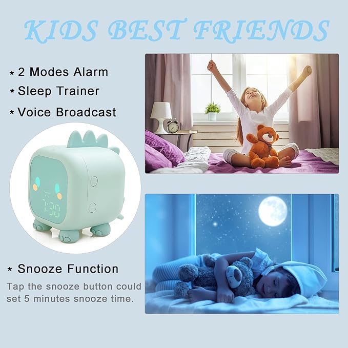 Kids Alarm Clock Girls Green Dinosaur Alarm Clocks with Night Light Bluetooth Digital Alarm Clock for Kids Girls Children-CubbioJoy