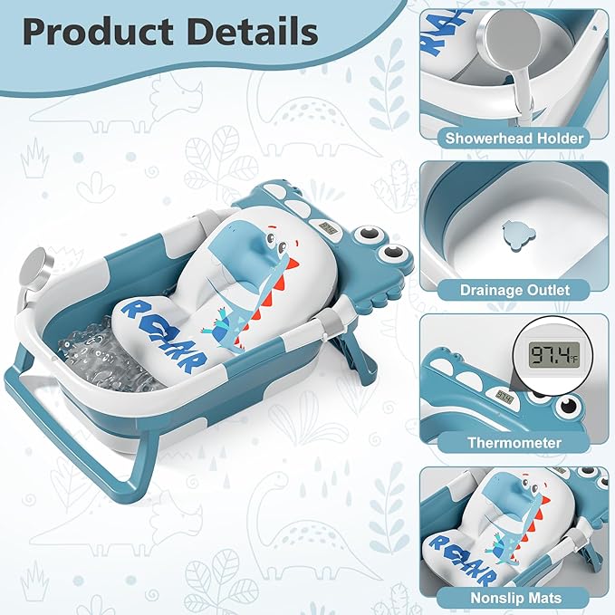 Collapsible Baby Bathtub for Newborn, Foldable Baby Bath Tub with Thermometer & Soft Floating Cushion & Drain Hole, Portable Travel Infant Bath Tubs for Newborns to Toddler 0-36 Months Girl, Blue-CubbioJoy