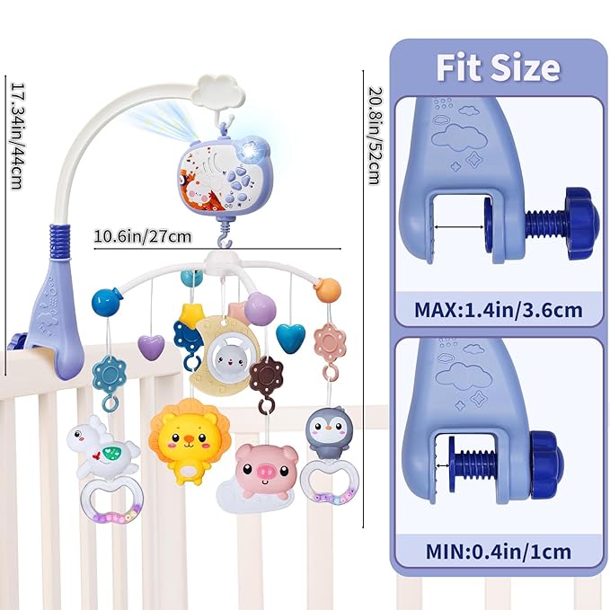 Baby Mobiles for Cribs, Crib Mobile with Music and Lights, Nursery Musical Mobile for Bassinets Hanging Toys with Remote Control, Rotation, Projection, Animal Mobile Arm Clip On for Infant Boys Girls-CubbioJoy