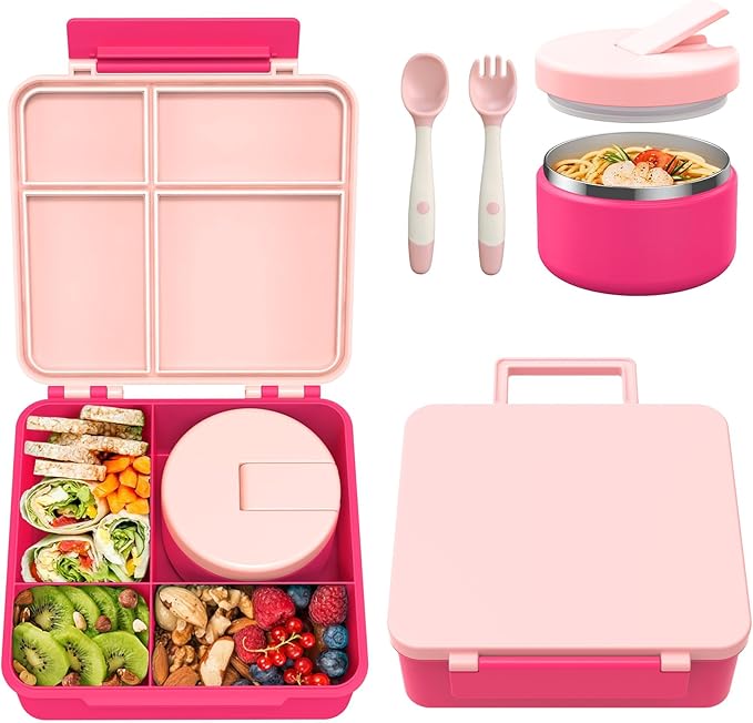 Bento Lunch Box with 8oz Soup Thermo, Kids Leakproof Lunch Food Containers with 4 Compartment, Kids Thermo Insulated Hot Food Jar for School, Trvael - (Pink)-CubbioJoy