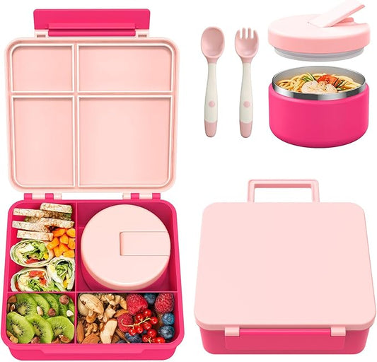 Bento Lunch Box with 8oz Soup Thermo, Kids Leakproof Lunch Food Containers with 4 Compartment, Kids Thermo Insulated Hot Food Jar for School, Trvael - (Pink)-CubbioJoy